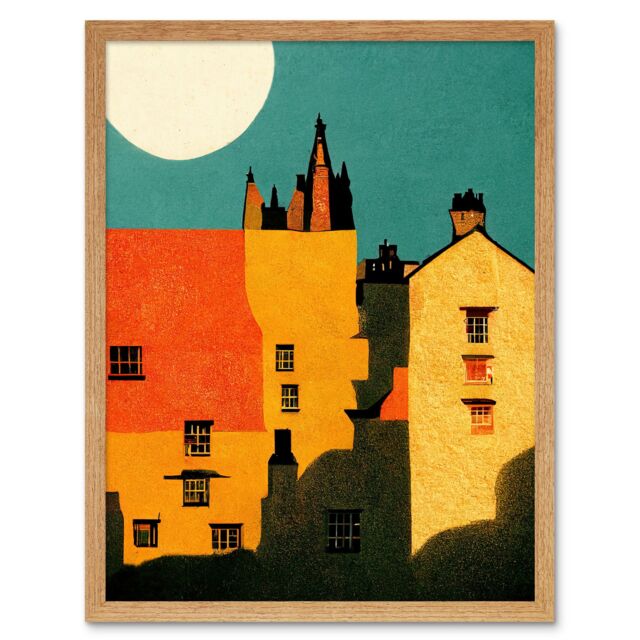 "Artery8 Wall Art Print Paper Cut Dean Village Edinburgh in Vibrant Reds & Yellows Art Framed in Light Oak - Size: W12"" x H16""" - image 1
