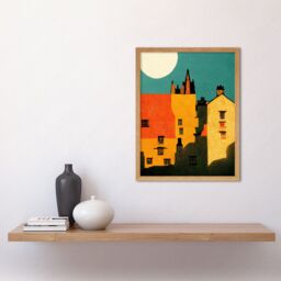 "Artery8 Wall Art Print Paper Cut Dean Village Edinburgh in Vibrant Reds & Yellows Art Framed in Light Oak - Size: W12"" x H16""" - thumbnail 2