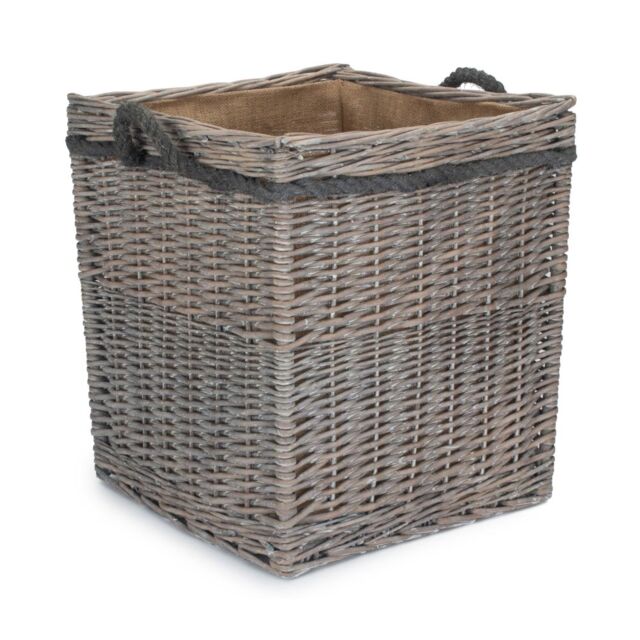 Red Hamper Small Wicker Grey Wash Square Hessian Lined Log Basket - image 1
