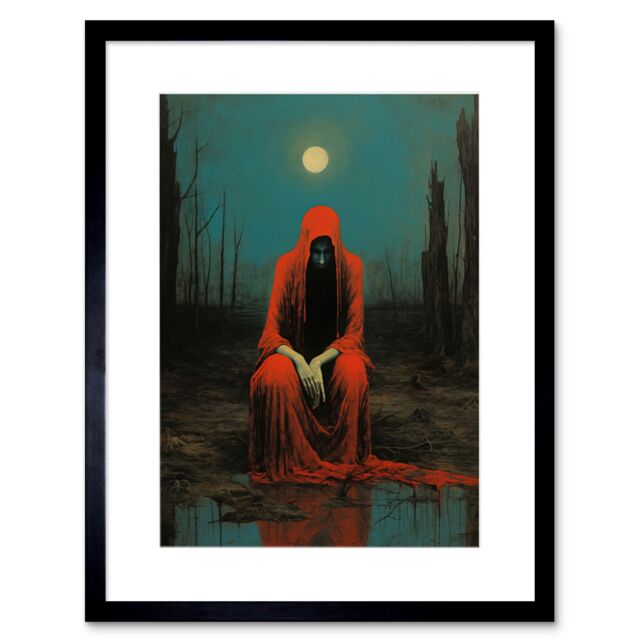 "Artery8 Wall Art Print Charon in Red Cloak Beksinski Inspired Conceptual Artwork Full Moon Barren Landscape Artwork Framed 9X7 Inch - Size: W7"" x H9""" - image 1