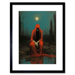 "Artery8 Wall Art Print Charon in Red Cloak Beksinski Inspired Conceptual Artwork Full Moon Barren Landscape Artwork Framed 9X7 Inch - Size: W7"" x H9""" - thumbnail 1