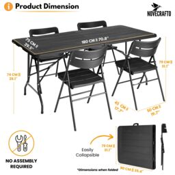 Novecrafto 6ft Folding Table & 4 Folding Chairs Set - Heavy-Duty HDPE, Steel Frames Camping Table & Chairs for Indoor/Outdoor Use in Black - thumbnail 4