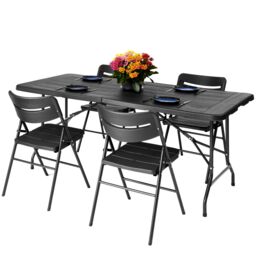 Novecrafto 6ft Folding Table & 4 Folding Chairs Set - Heavy-Duty HDPE, Steel Frames Camping Table & Chairs for Indoor/Outdoor Use in Black - thumbnail 1