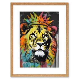 "Artery8 Wall Art Print King Lion wearing Crown Modern Stencil Graffiti Artwork Framed 9X7 Inch in Beige - Size: W7"" x H9""" - thumbnail 1