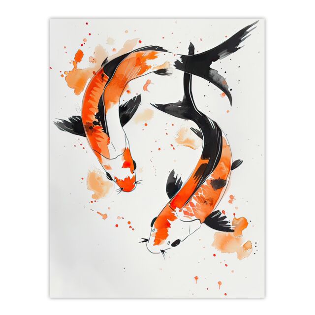 "Artery8 Two Japanese Koi Carp Fish Ink Splat Watercolour Wall Art Print in Orange - Size: W18"" x H24""" - image 1