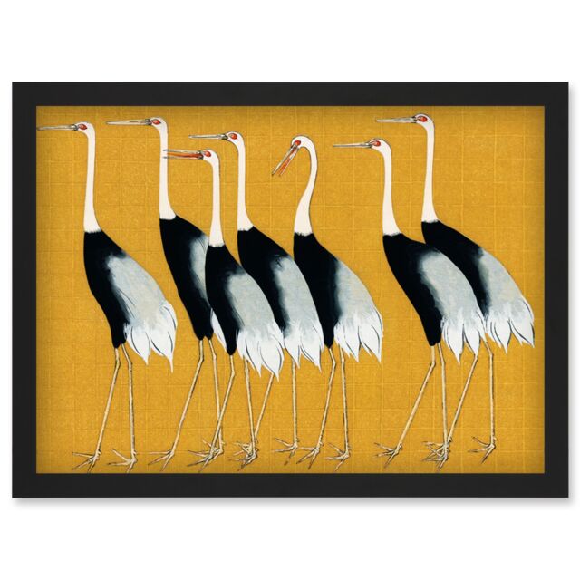 Artery8 Herons Cranes Flock Birds Ogata Korin Vintage Monochrome Illustration Mustard Yellow Artwork Framed Wall Art Print A4 in Black - image 1