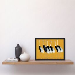 Artery8 Herons Cranes Flock Birds Ogata Korin Vintage Monochrome Illustration Mustard Yellow Artwork Framed Wall Art Print A4 in Black - thumbnail 2