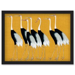 Artery8 Herons Cranes Flock Birds Ogata Korin Vintage Monochrome Illustration Mustard Yellow Artwork Framed Wall Art Print A4 in Black - thumbnail 1