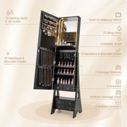 Costway Jewelry Cabinet 3-color LED Lighted Jewelry Organizer Armoire in Black - thumbnail 7