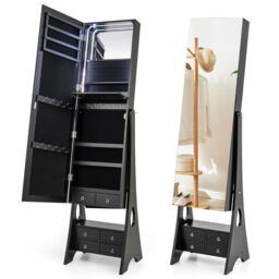 Costway Jewelry Cabinet 3-color LED Lighted Jewelry Organizer Armoire in Black - thumbnail 1