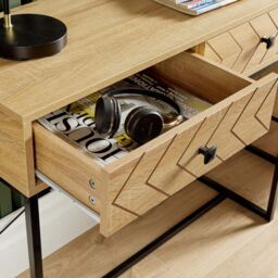 Home Source Console Table 2 Drawers Aztec Design Oak Effect Metal Legs Hallway in Light Oak - thumbnail 6