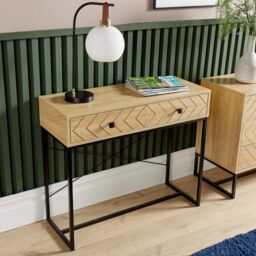 Home Source Console Table 2 Drawers Aztec Design Oak Effect Metal Legs Hallway in Light Oak - thumbnail 2