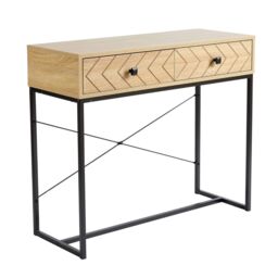 Home Source Console Table 2 Drawers Aztec Design Oak Effect Metal Legs Hallway in Light Oak - thumbnail 8