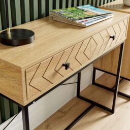Home Source Console Table 2 Drawers Aztec Design Oak Effect Metal Legs Hallway in Light Oak - thumbnail 4