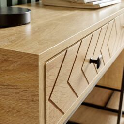 Home Source Console Table 2 Drawers Aztec Design Oak Effect Metal Legs Hallway in Light Oak - thumbnail 5
