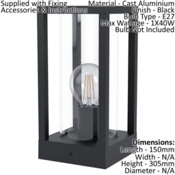 Loops 2 PACK IP44 Outdoor Bollard Light Black Cast Aluminium Box 40W E27 Lamp Post - thumbnail 2
