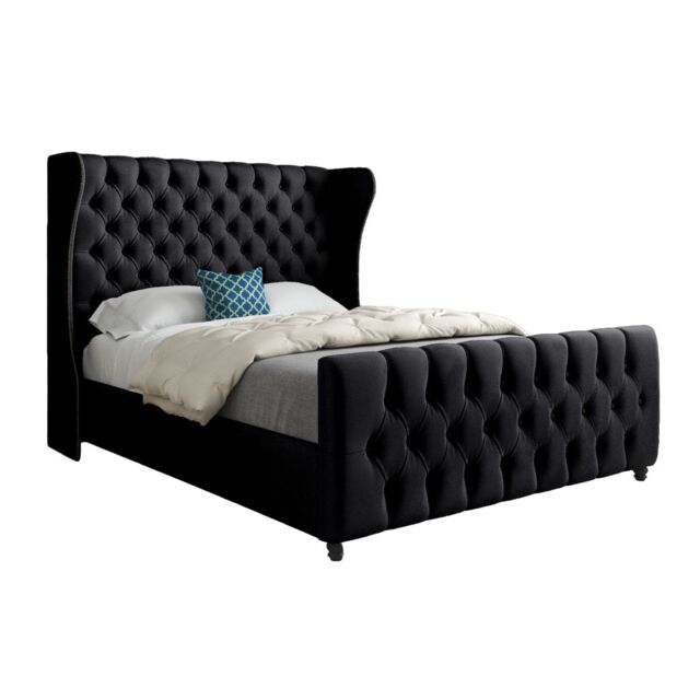 KDMD Dozer Straight Curved Top Upholstered Soft Velvet Designer Bed Frame in Black - Size: Double - image 1