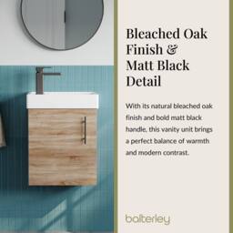 Balterley Wall Hung Vanity Basin 400mm Bleached Oak & Matt Black Handle in Brown - thumbnail 4