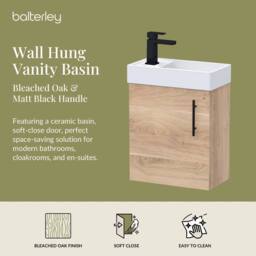 Balterley Wall Hung Vanity Basin 400mm Bleached Oak & Matt Black Handle in Brown - thumbnail 2