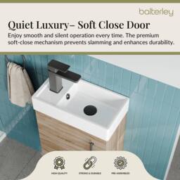 Balterley Wall Hung Vanity Basin 400mm Bleached Oak & Matt Black Handle in Brown - thumbnail 3