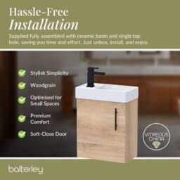 Balterley Wall Hung Vanity Basin 400mm Bleached Oak & Matt Black Handle in Brown - thumbnail 7