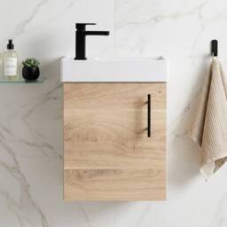 Balterley Wall Hung Vanity Basin 400mm Bleached Oak & Matt Black Handle in Brown - thumbnail 8