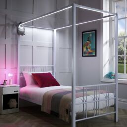 X Rocker Fern Four Poster Bed, Metal Bed Frame with LED Lighting in White - Size: Double - thumbnail 4