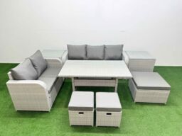 Fimous 8 Seater PE Rattan Wicker Garden Furniture Patio Conservatory Sofa Set w/ Rectangular Dining Table 3 Seater Sofa Love Sofa 3 Stool 2 Side - thumbnail 2