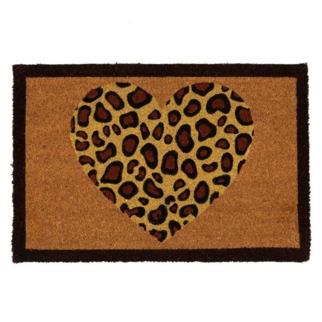 Havendro Coir Door Mat Natural Indoor Outdoor Welcome 60×40cm Leopard Heart in Brown - Size: 40 cm x 60 cm - image 1