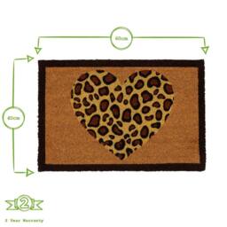 Havendro Coir Door Mat Natural Indoor Outdoor Welcome 60×40cm Leopard Heart in Brown - Size: 40 cm x 60 cm - thumbnail 2