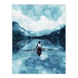 "Artery8 Rowing Boat Blue Watercolour Coastal Landscape Wall Art Print - Size: W12"" x H16""" - thumbnail 1