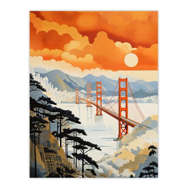 "Wee Blue Coo Wall Art Print Sunset San Francisco Oakland Bay Bridge Amber Orange Blue Pastel Colour Painting Poster - Size: W18"" x H24""" - image 1