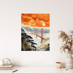 "Wee Blue Coo Wall Art Print Sunset San Francisco Oakland Bay Bridge Amber Orange Blue Pastel Colour Painting Poster - Size: W18"" x H24""" - thumbnail 4