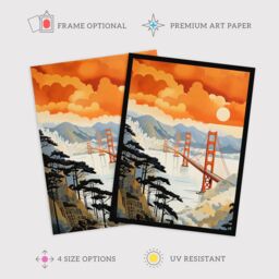 "Wee Blue Coo Wall Art Print Sunset San Francisco Oakland Bay Bridge Amber Orange Blue Pastel Colour Painting Poster - Size: W18"" x H24""" - thumbnail 2