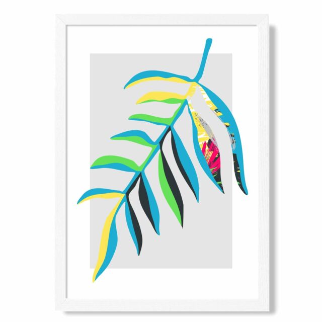 ARTZE Tropical Leaf Blue & Green Abstract Minimalist Framed Print SIZE: A4 with White Frame in Mid Blue - image 1