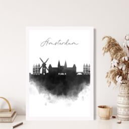 ARTZE Amsterdam Watercolour Skyline City Framed Print SIZE: A2 with White Frame in Black - thumbnail 2
