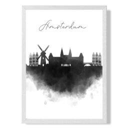 ARTZE Amsterdam Watercolour Skyline City Framed Print SIZE: A2 with White Frame in Black - thumbnail 1