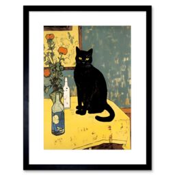 "Artery8 Wall Art Print Simple Black Cat on Yellow Table Oil Painting Van Gogh Style Flowers Artwork Framed 9X7 Inch - Size: W7"" x H9""" - thumbnail 1
