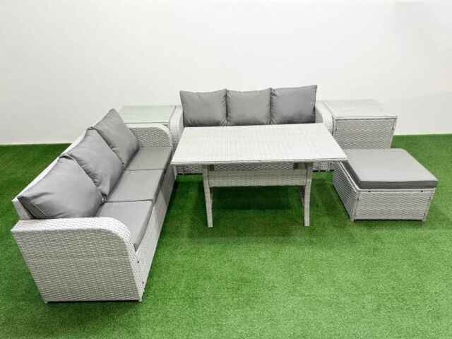 Fimous Outdoor Garden Furniture Sets 7 Seater Wicker Rattan Furniture Sofa Sets w/ Rectangular Dining Table high Back Lounge Sofa Big Footstool 2 - image 1