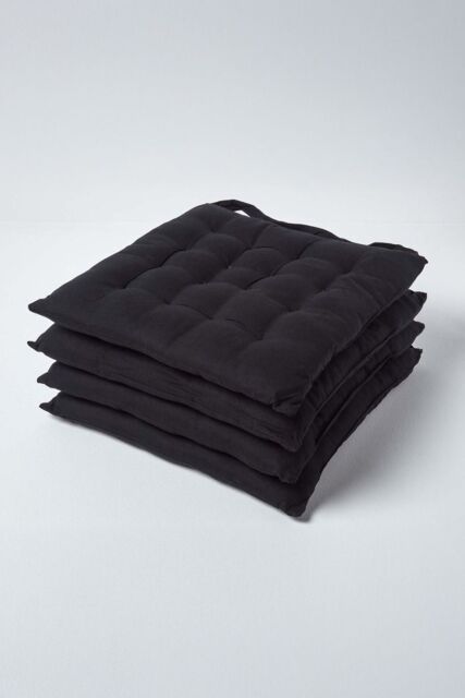 Homescapes 4 Pack Seat Pads Luxury 100% Cotton Indoor Outdoor Garden Cushion, 40cm in Black - Size: 40 cm x 40 cm - image 1