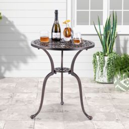 Gymax Patio Round Bistro Table Aluminum Dining Table With Umbrella Hole in Dark Brown - thumbnail 2