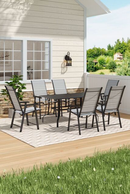 Living and Home Metal Slatted Outdoor Garden Coffee Table with 6 Foldable Chairs in Black - image 1