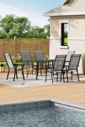 Living and Home Metal Slatted Outdoor Garden Coffee Table with 6 Foldable Chairs in Black - thumbnail 2