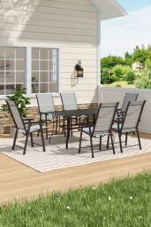 Living and Home Metal Slatted Outdoor Garden Coffee Table with 6 Foldable Chairs in Black - thumbnail 1