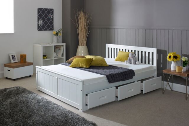 Rest Relax Mission Wooden Bed, Pine Bedframe with Under Bed Storage Drawers in White - Size: Small Double - image 1