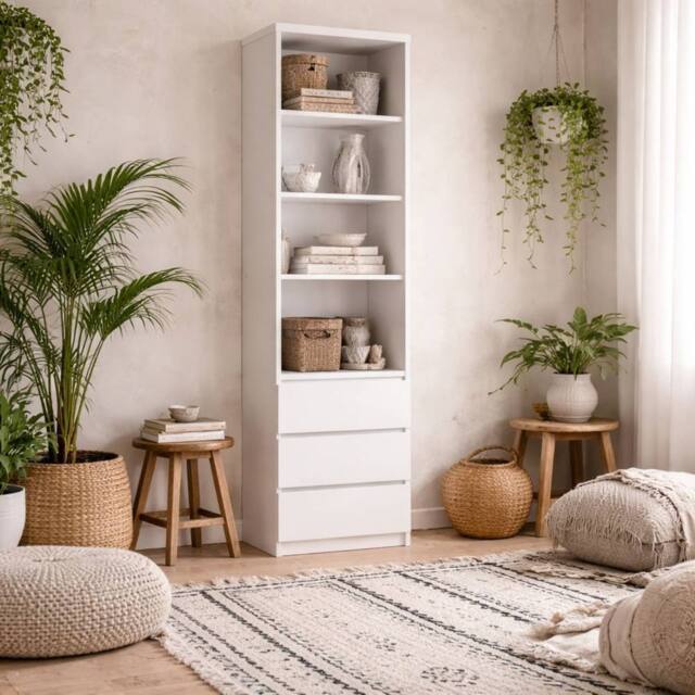 Wyld Haus Hemingway White Tall Narrow Bookcase with 3 Drawers - image 1