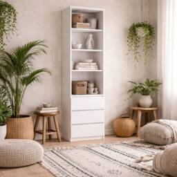 Wyld Haus Hemingway White Tall Narrow Bookcase with 3 Drawers