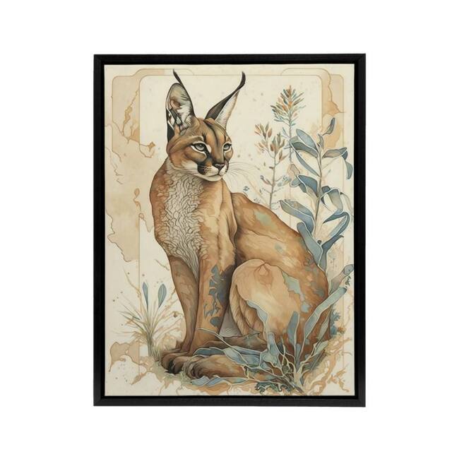 "Artery8 Caracal Cat With Plants Modern Framed Canvas Wall Art Print - Size: W12"" x H16""" - image 1
