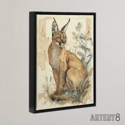 "Artery8 Caracal Cat With Plants Modern Framed Canvas Wall Art Print - Size: W12"" x H16""" - thumbnail 2