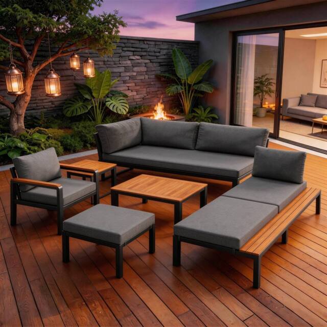 FENCHILIN Garden Sofa Set Armchair Stool Lounger with Coffee Table & Side Table in Grey - image 1